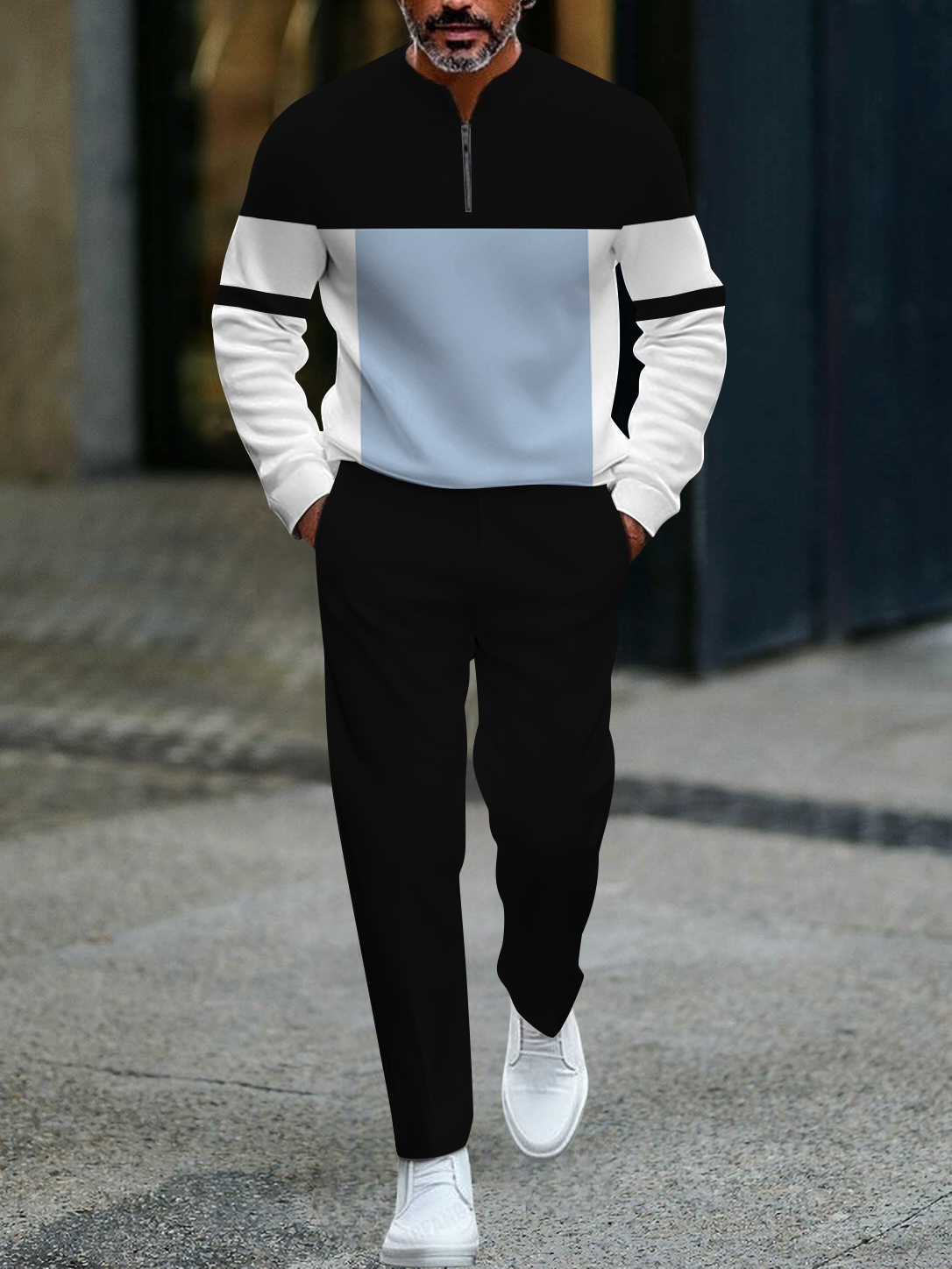 Men's fashion casual geometric print long sleeve zipper two-piece set