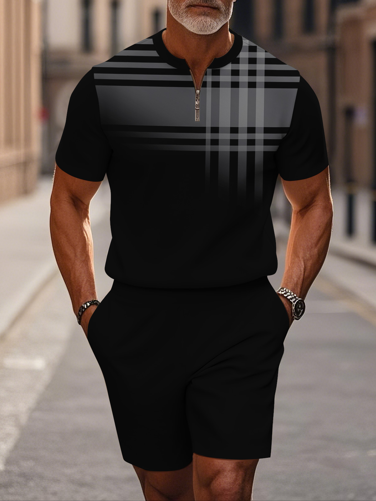 Men's fashion casual round-neck zipper geometric printed short-sleeved two-piece set