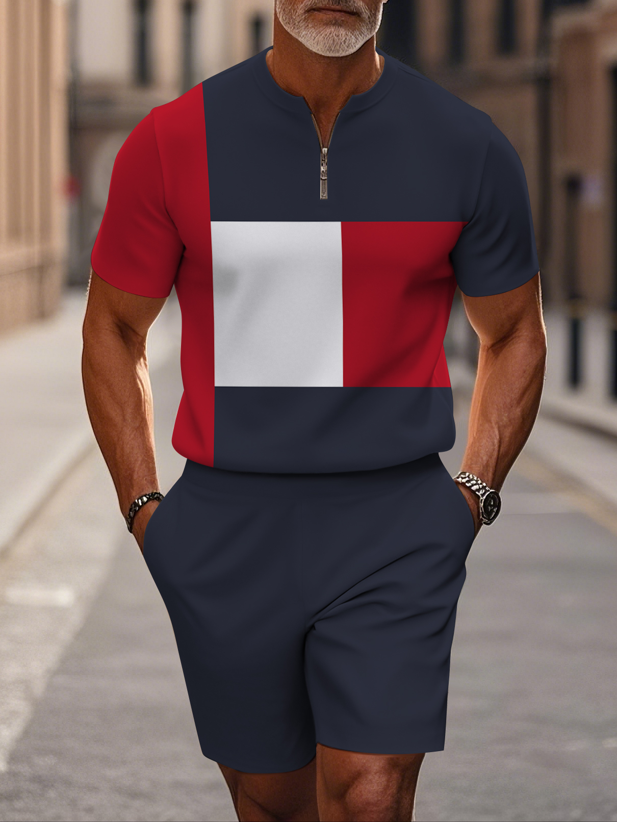 Men's fashion casual round-neck zipper geometric printed short-sleeved two-piece set