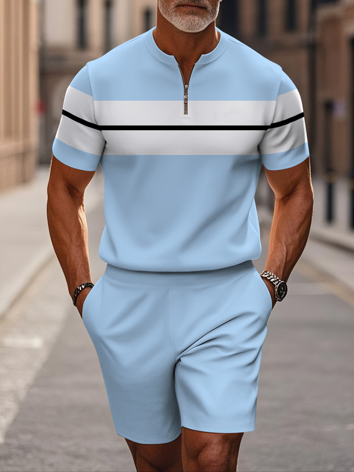 Men's fashion casual round-neck zipper geometric printed short-sleeved two-piece set