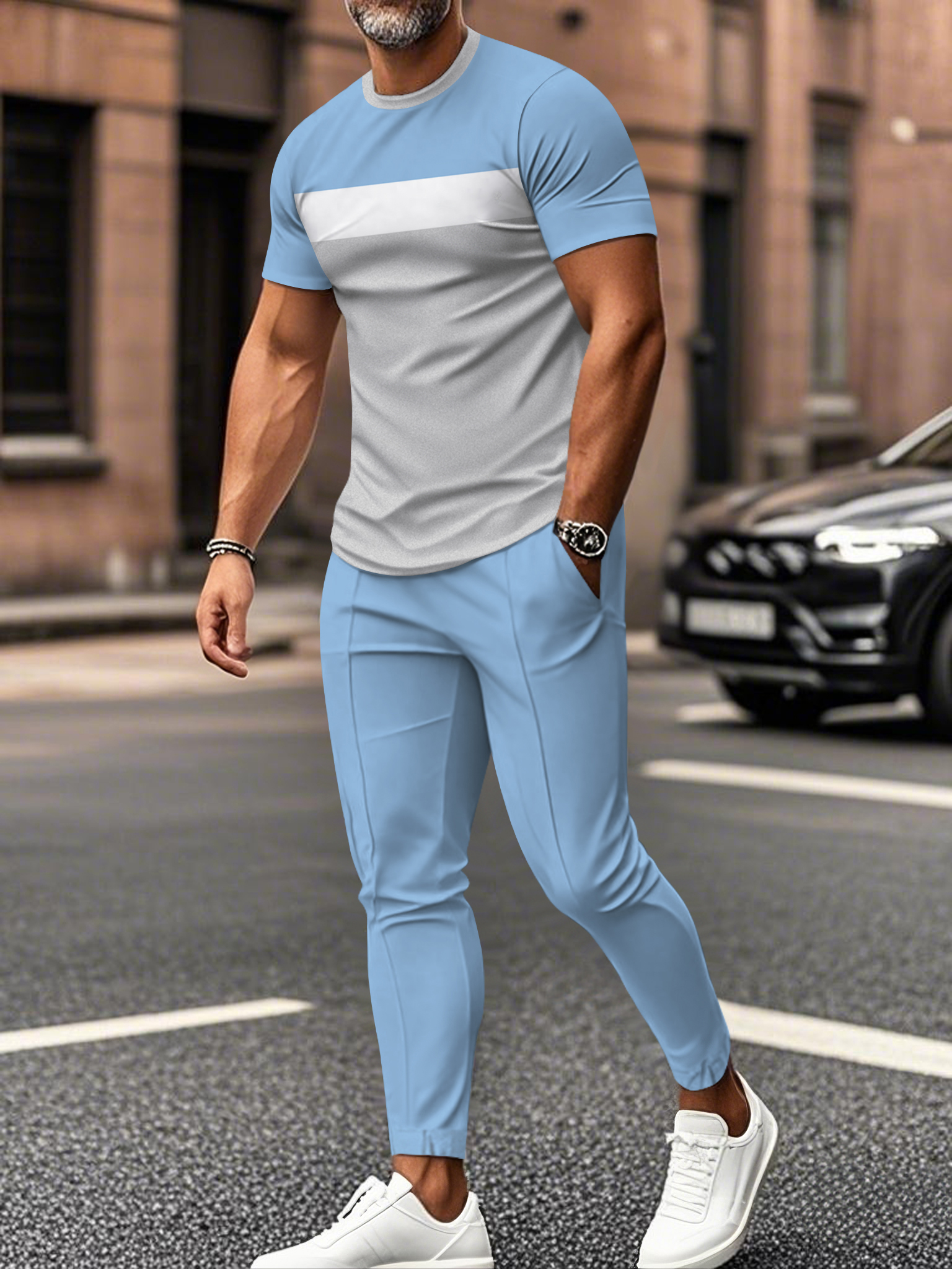 Men's fashion casual color matching striped printed short sleeved trousers two-piece set