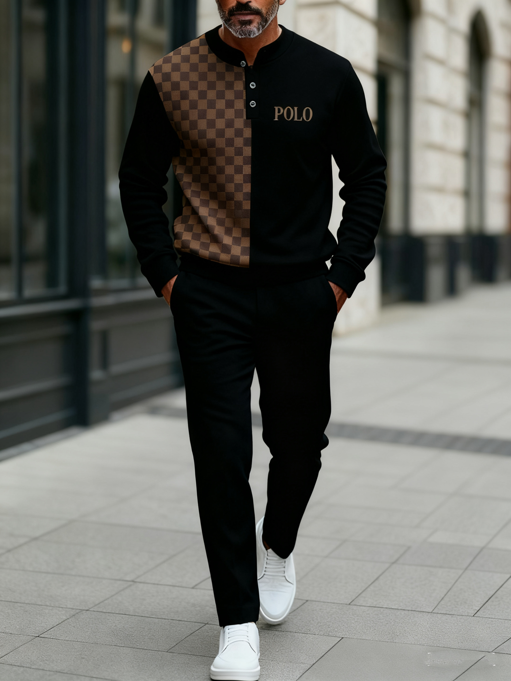 Men's fashion casual geometric print long sleeve zipper two-piece set