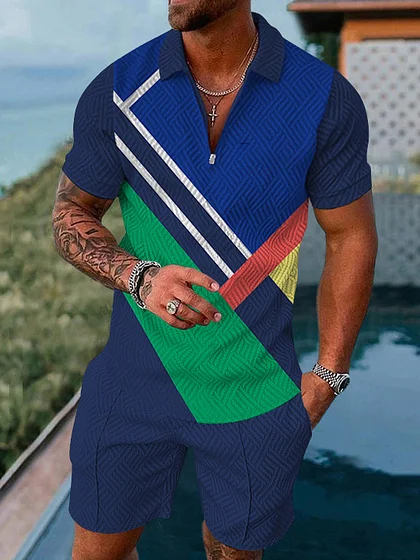 Men's fashion casual geometric print short sleeve polo two-piece set
