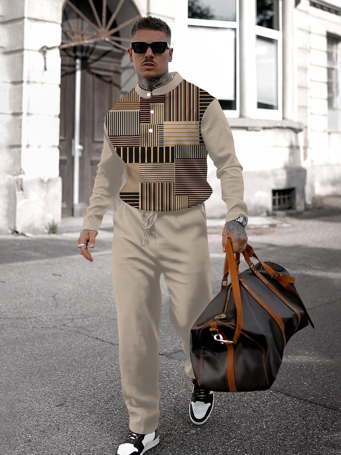 Men's fashion casual geometric print long sleeve two-piece set