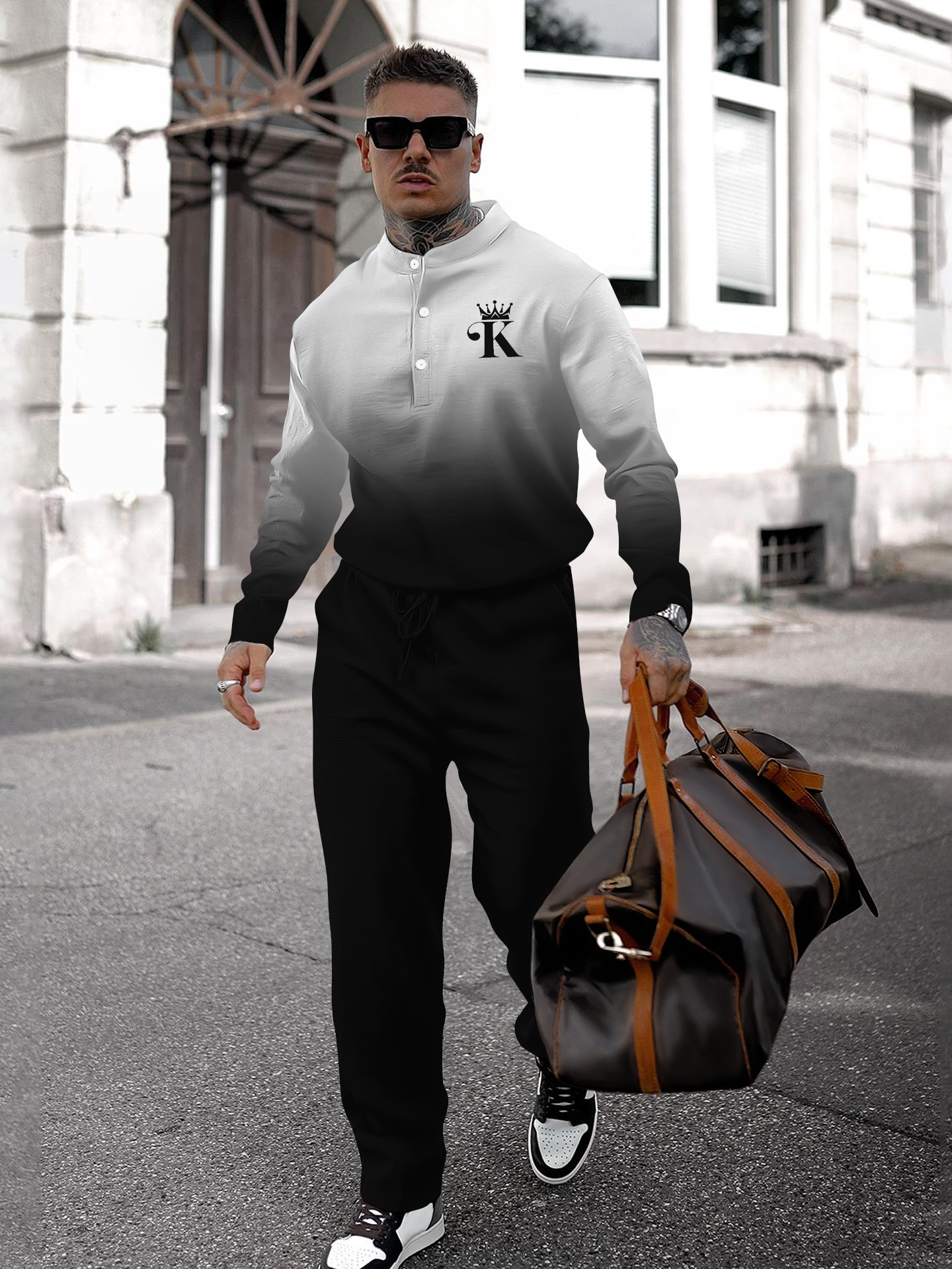 Men's fashion casual geometric print long sleeve two-piece set