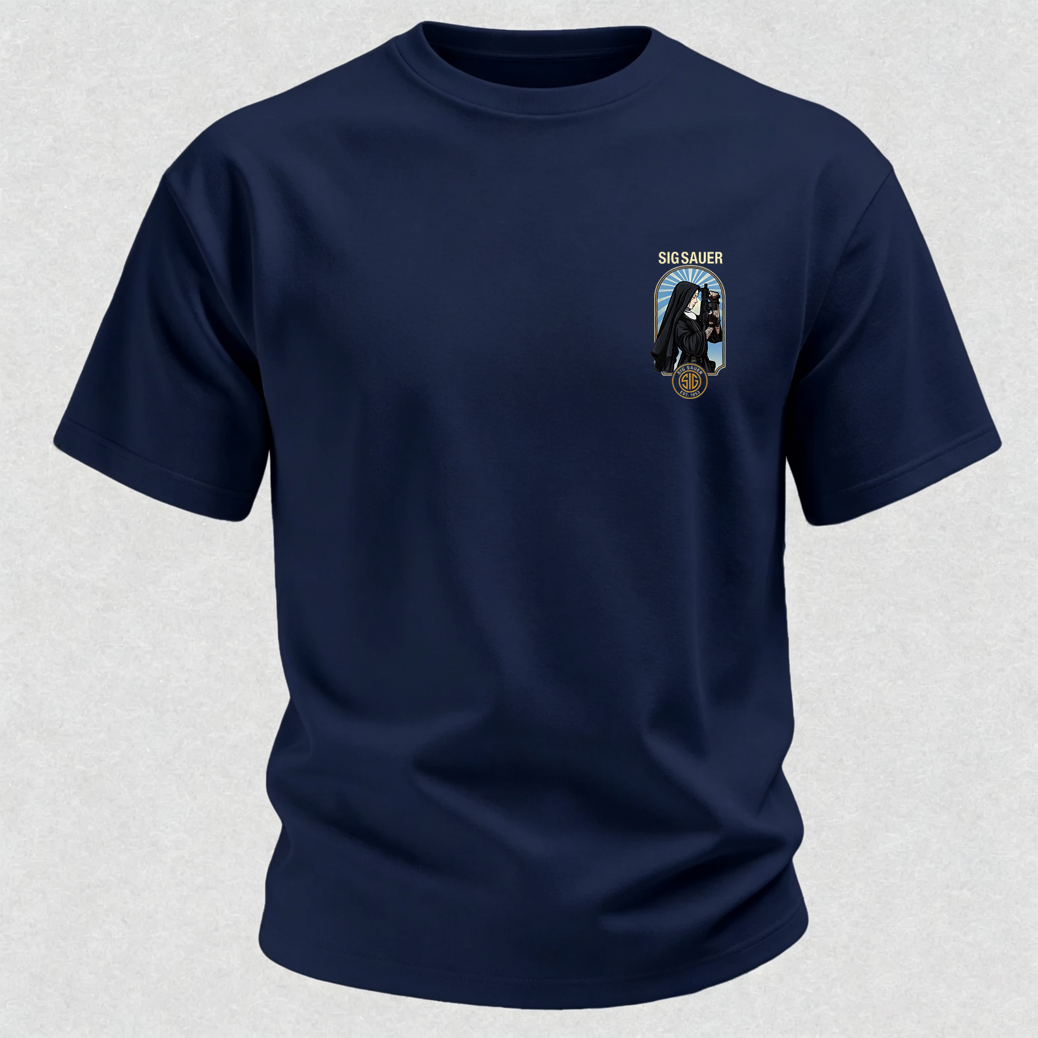 Precision Tactical Arch Window Nun with Rifle Since 1853 Vintage Illustration Cotton Print Men's T-Shirt