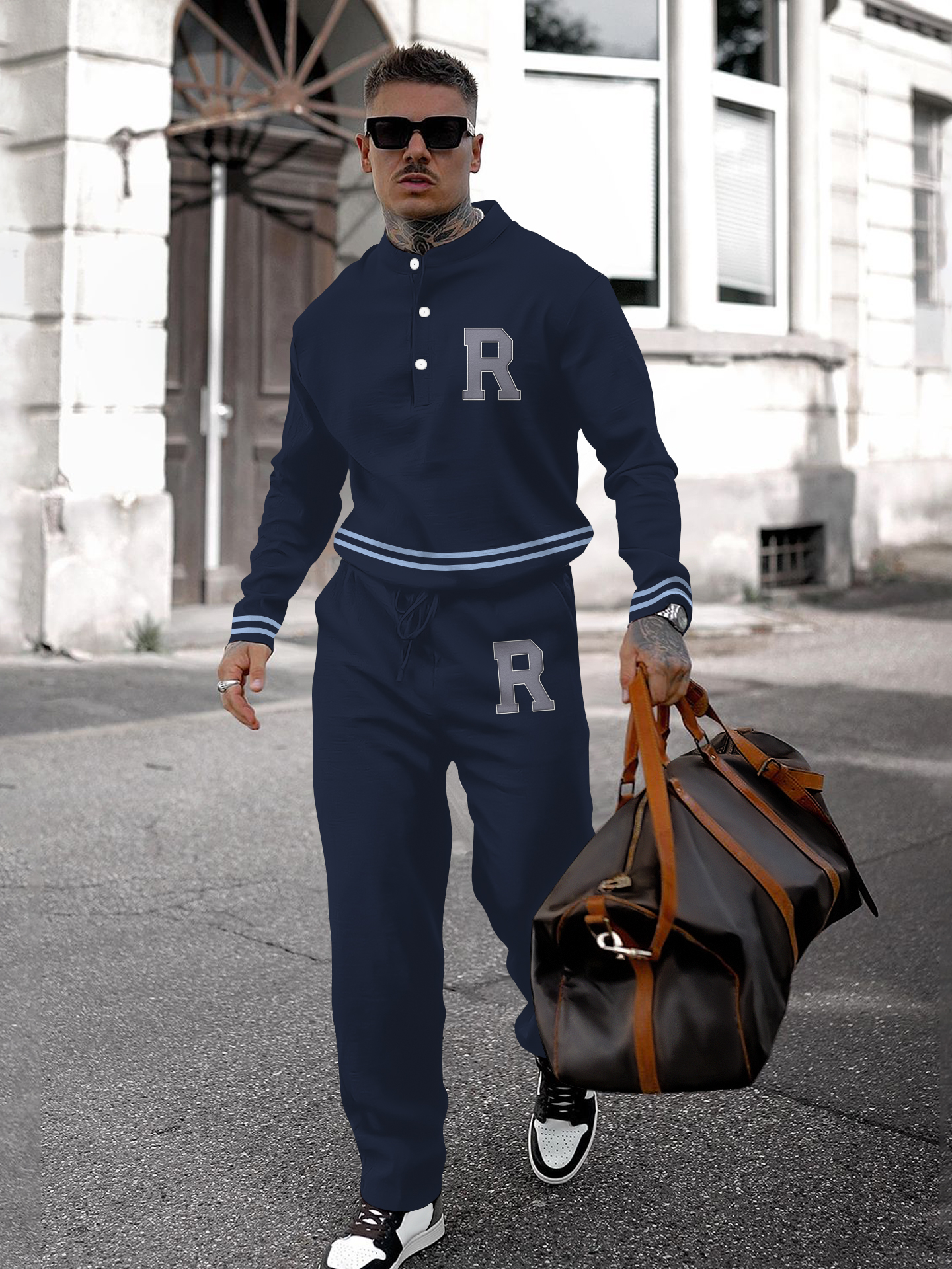 Men's fashion casual geometric print long sleeve two-piece set