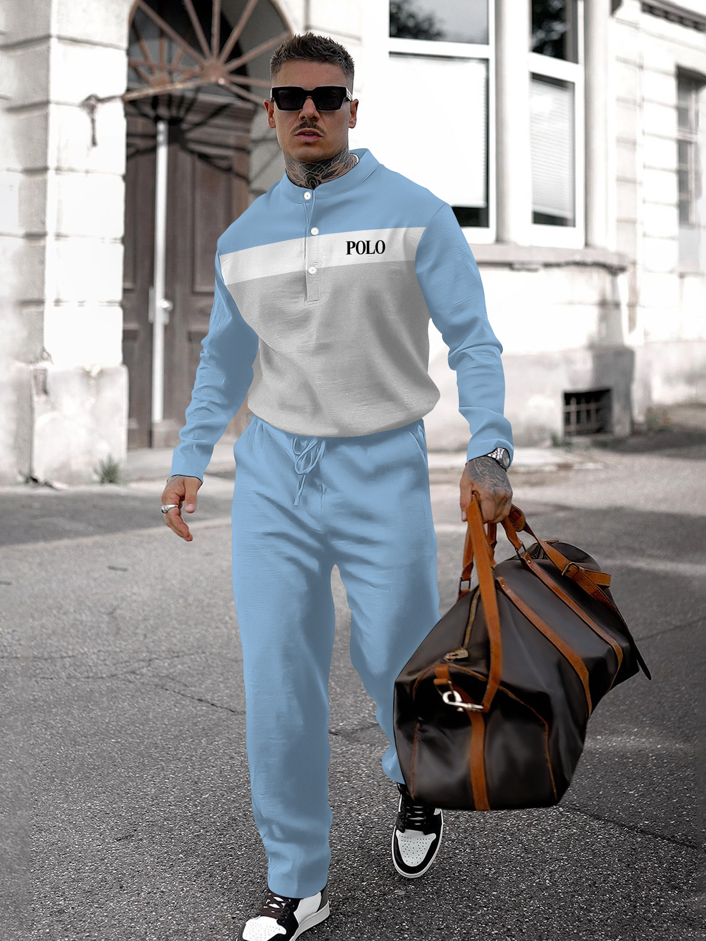 Men's fashion casual geometric print long sleeve two-piece set