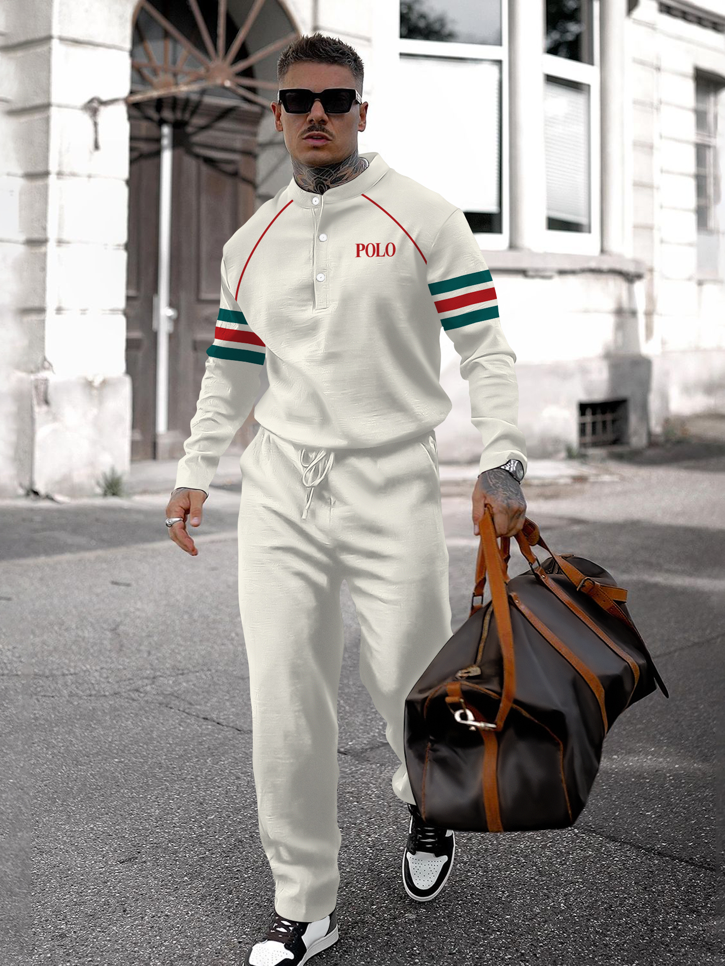 Men's fashion casual geometric print long sleeve two-piece set