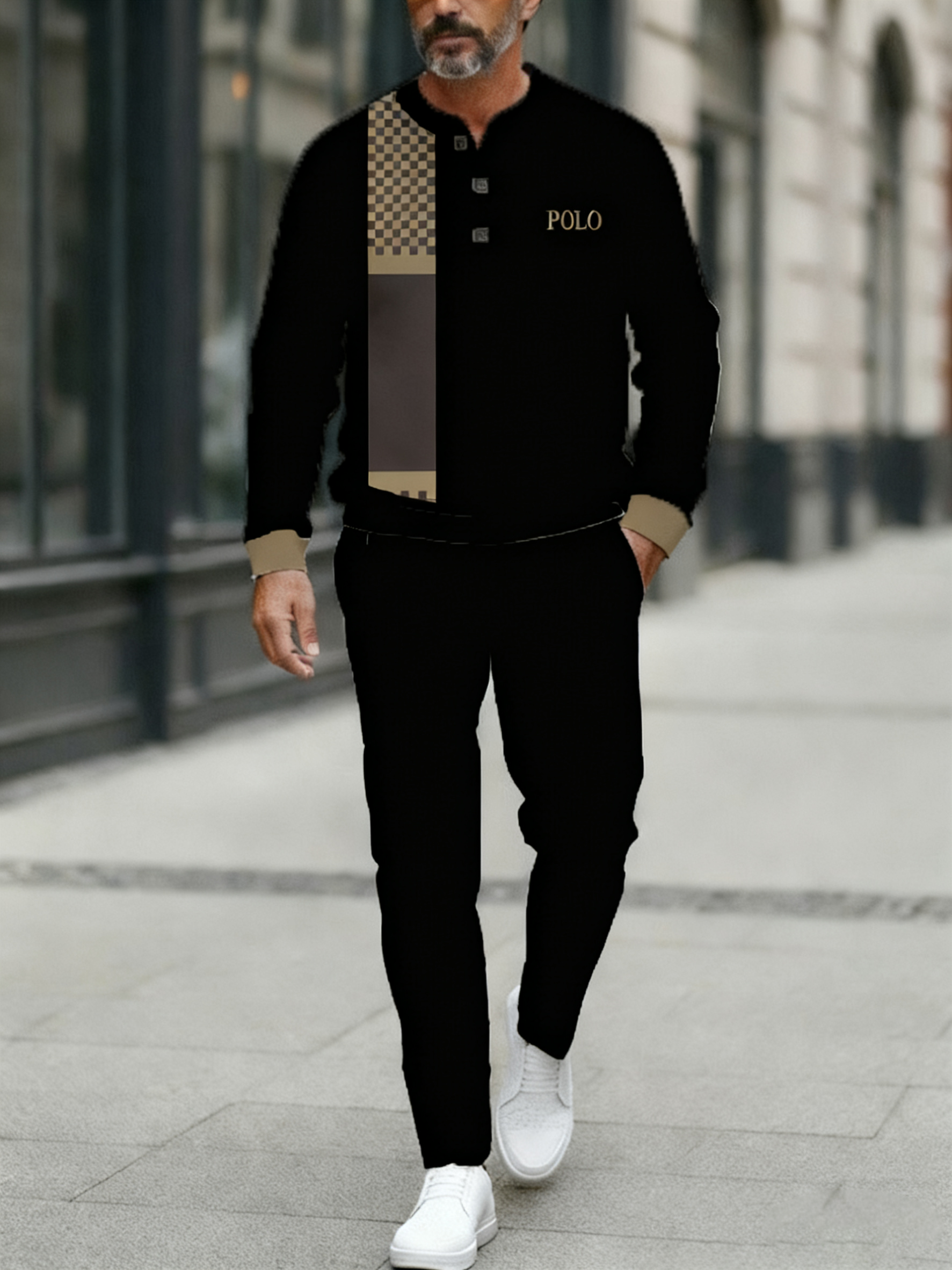 Men's fashion casual geometric print long sleeve zipper two-piece set