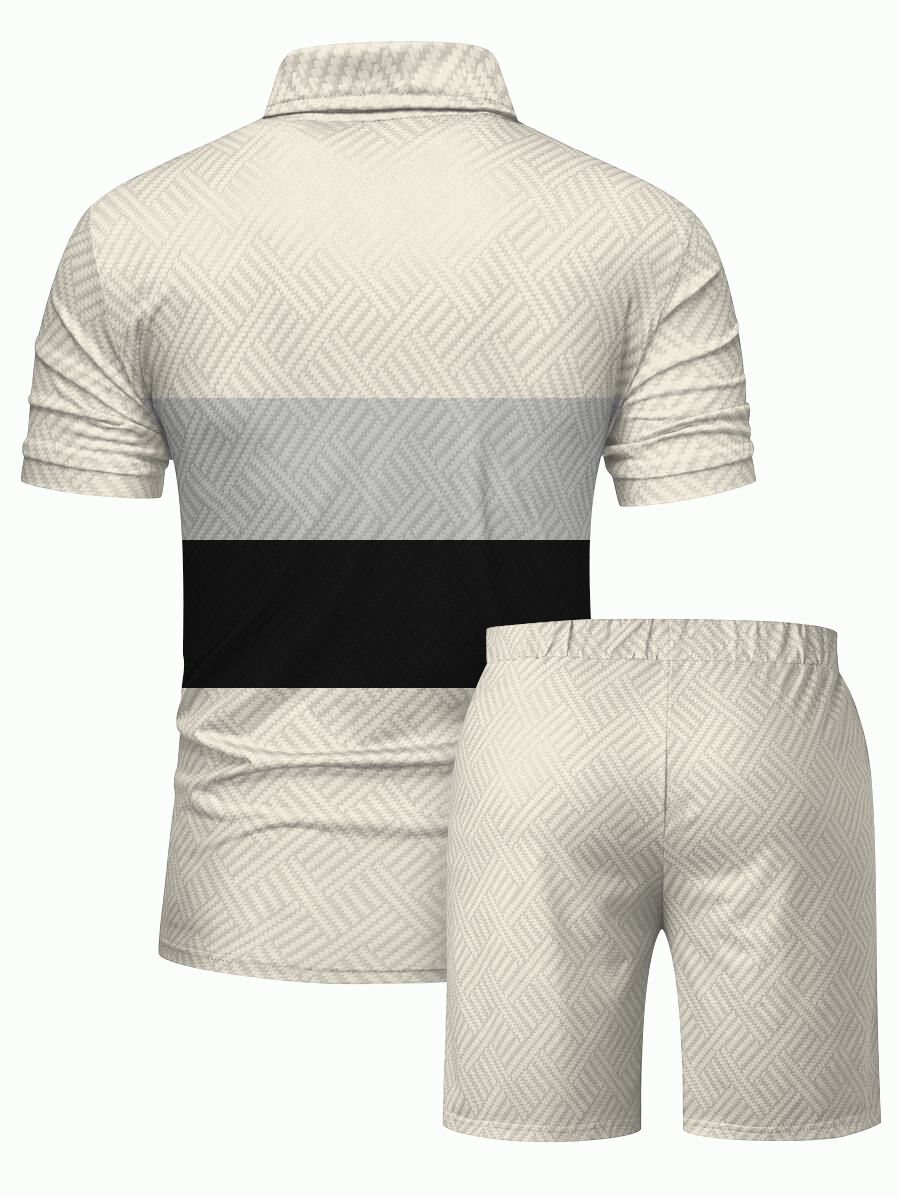 Men's fashion casual color matching printed polo two-piece set