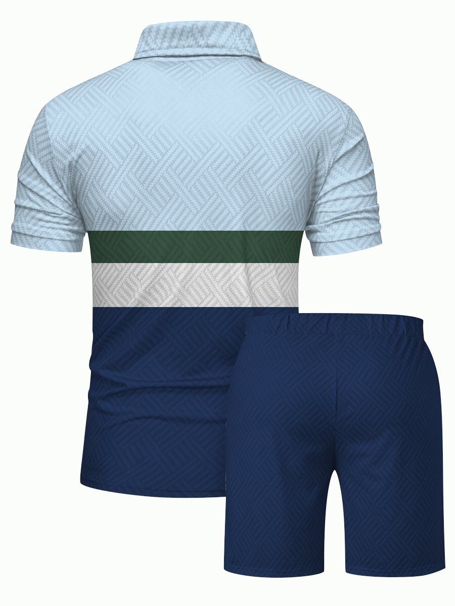Men's fashion casual color matching printed polo two-piece set