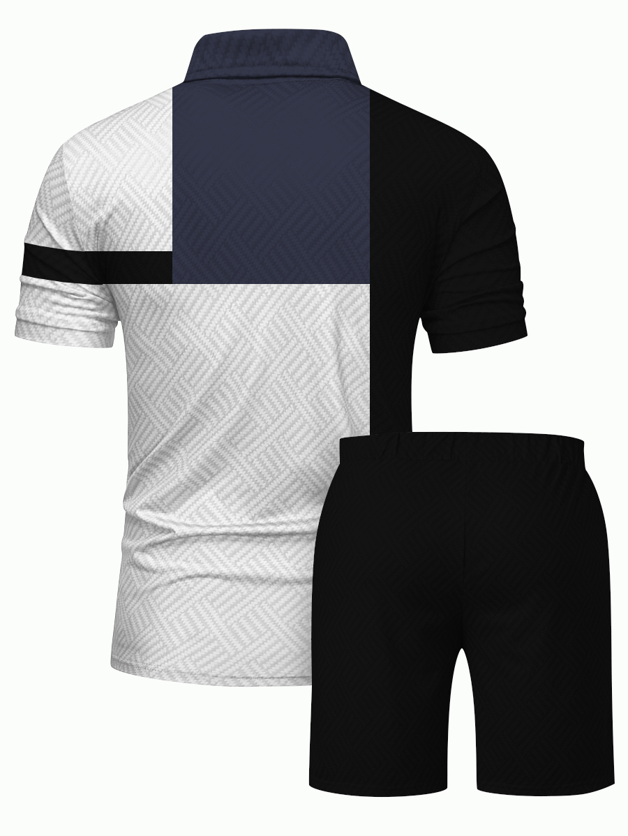 Men's fashion casual color matching printed polo two-piece set