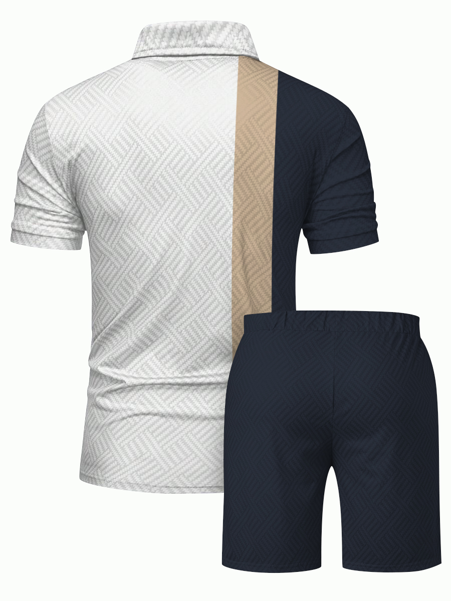 Men's fashion casual color matching printed polo two-piece set