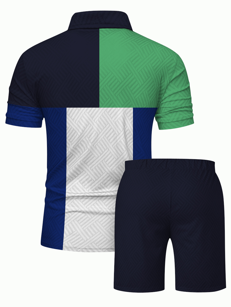 Men's fashion casual color matching printed polo two-piece set