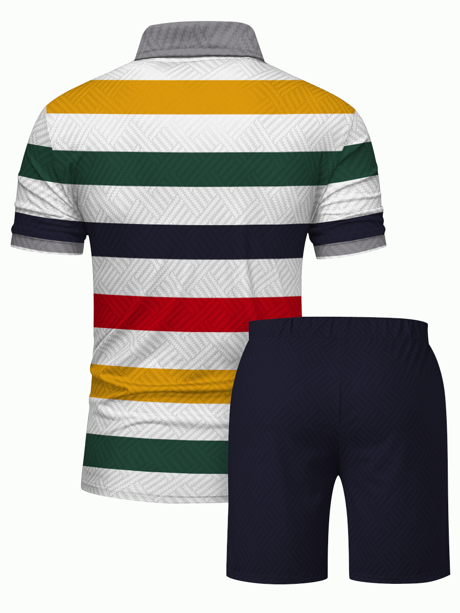 Men's fashion casual color matching printed polo two-piece set