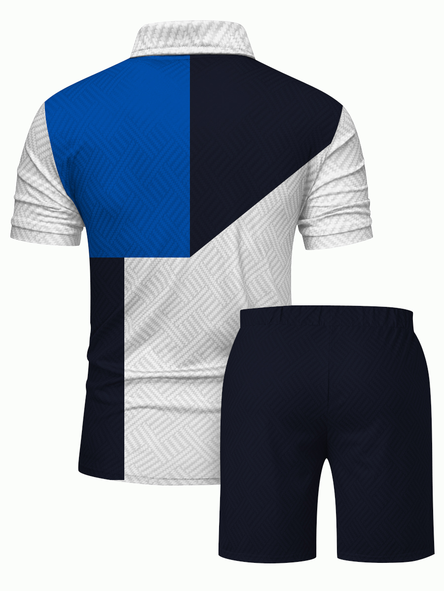 Men's fashion casual color matching printed polo two-piece set