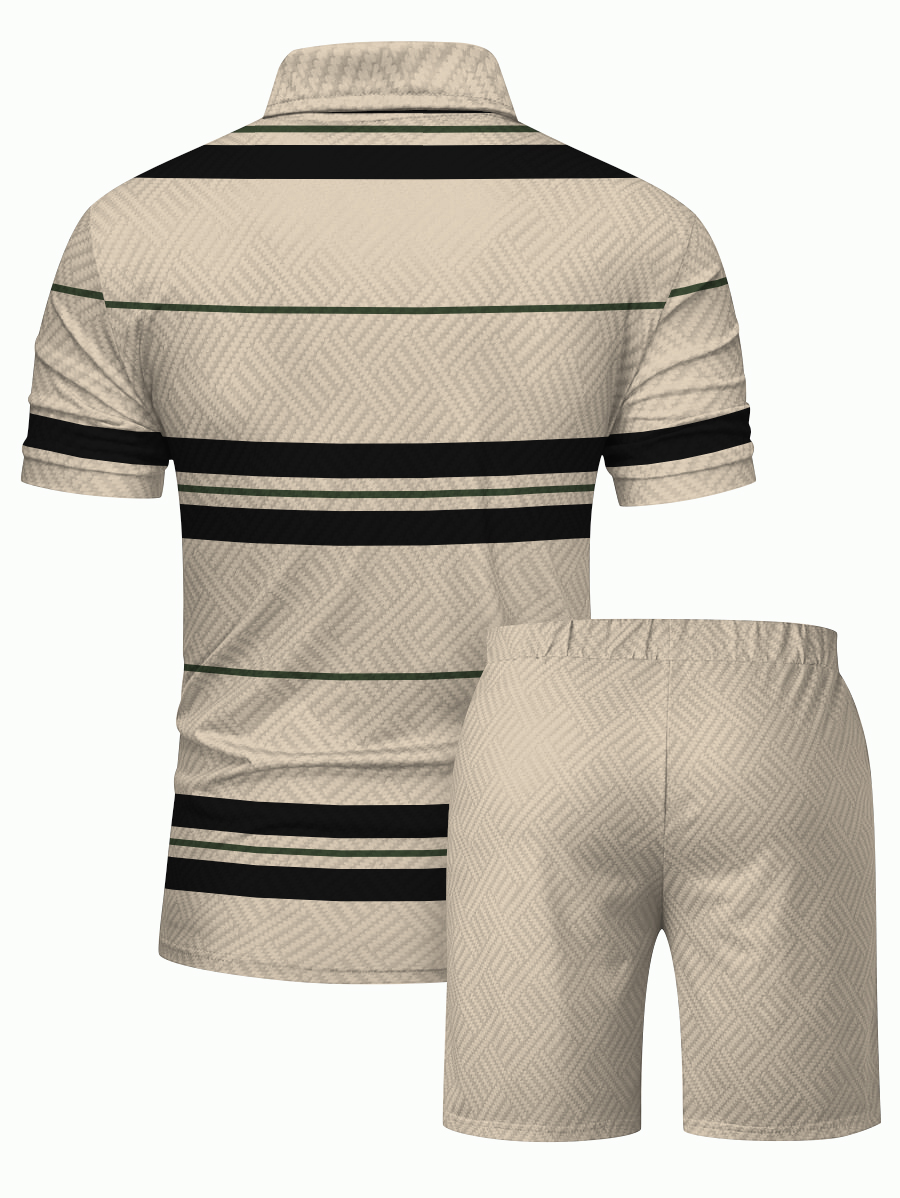 Men's fashion casual color matching printed polo two-piece set