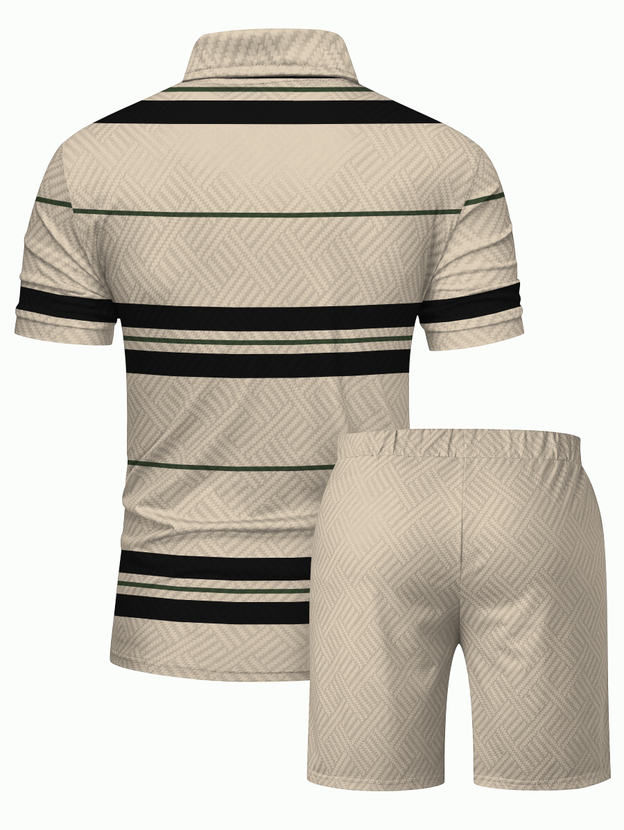 Men's fashion casual color matching printed polo two-piece set