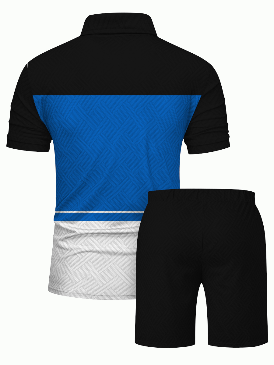 Men's fashion casual color matching printed polo two-piece set