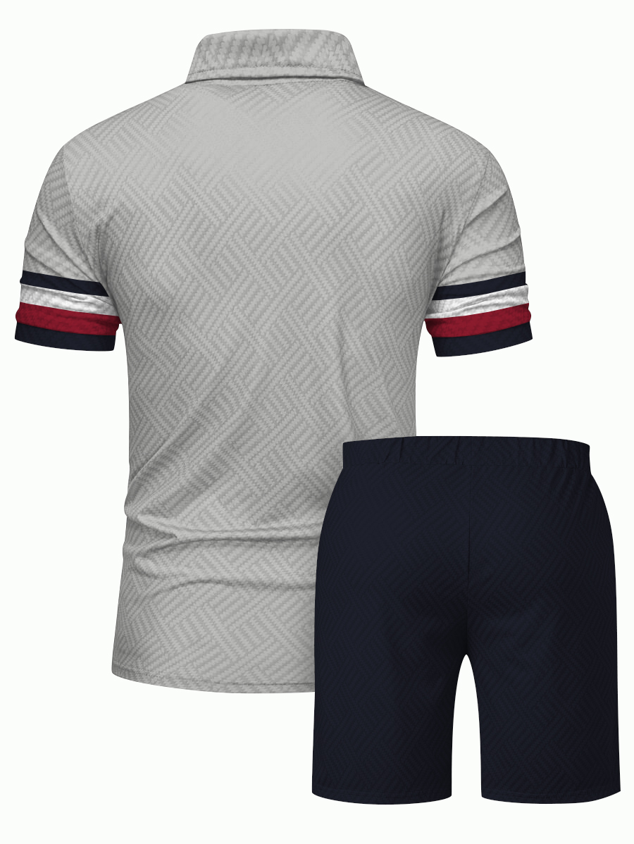Men's fashion casual color matching printed polo two-piece set