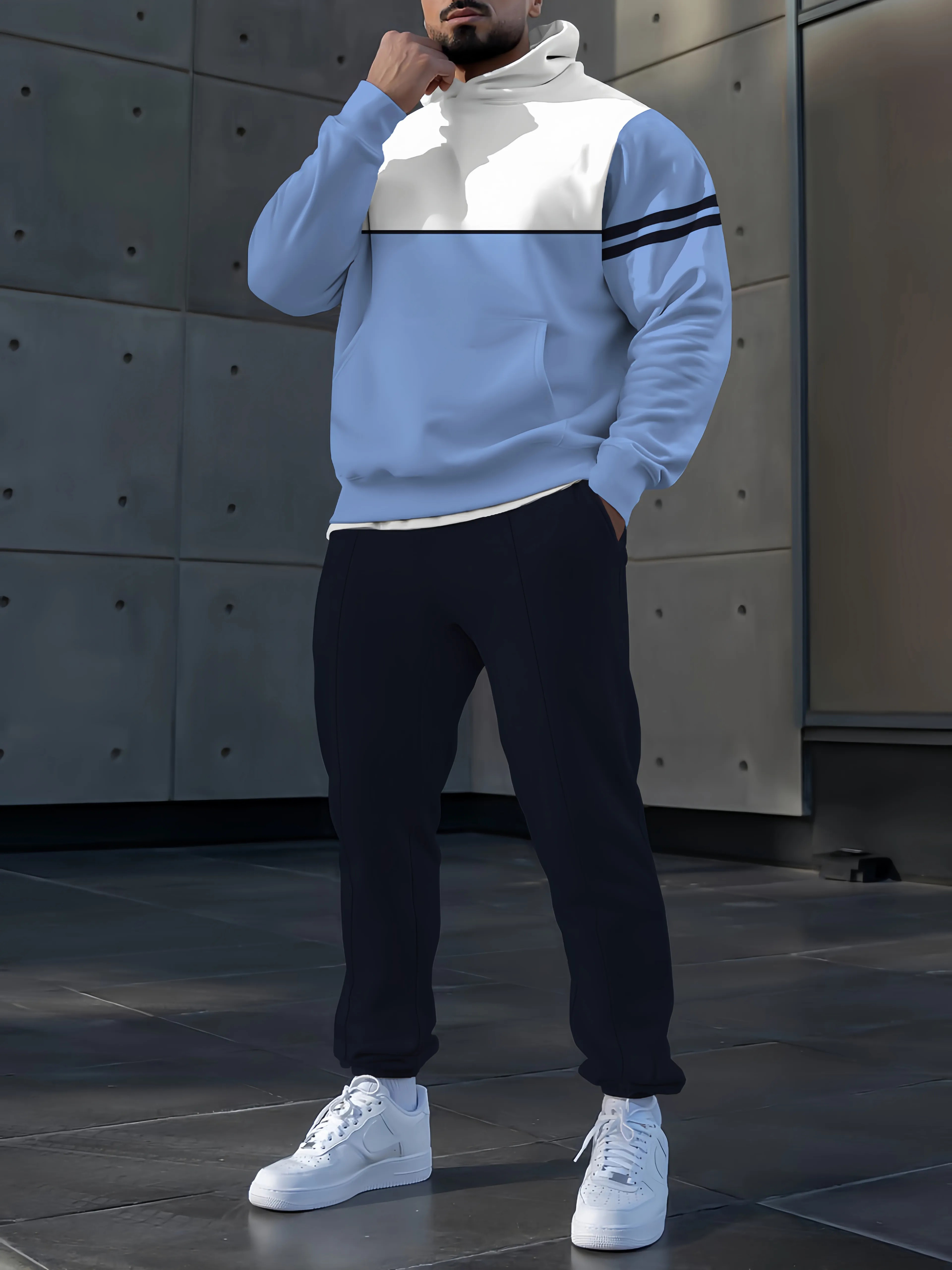 Men's fashion casual color matching striped print long sleeve two piece set