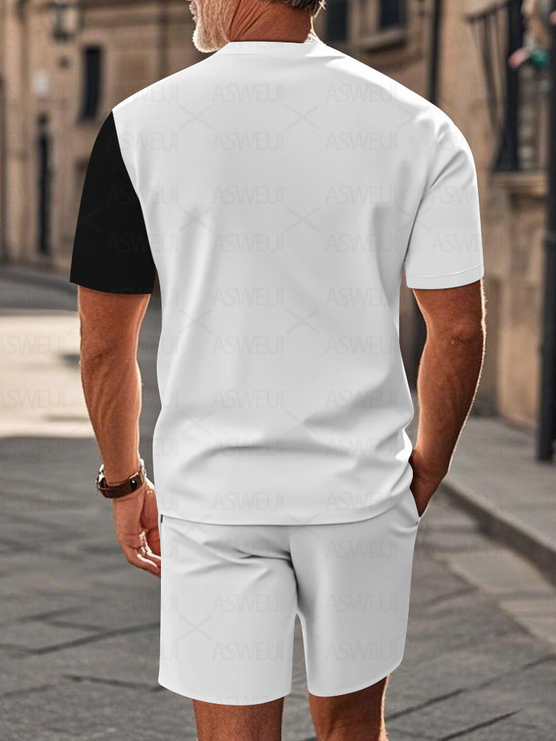 Men's fashion casual round-neck zipper geometric printed short-sleeved two-piece set