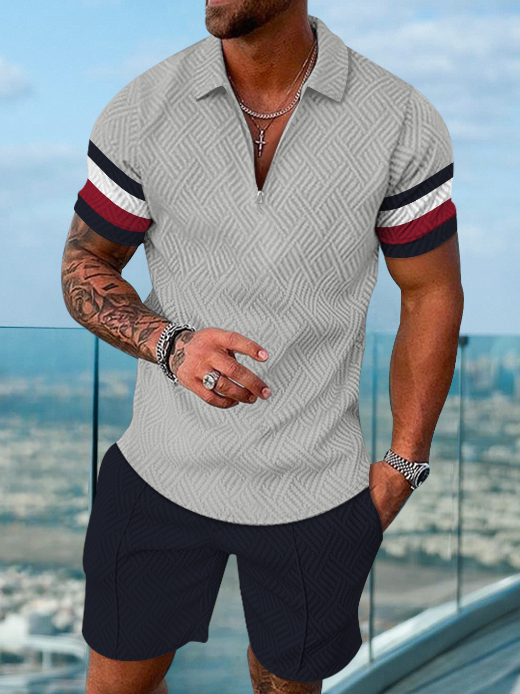 Men's fashion casual color matching printed polo two-piece set