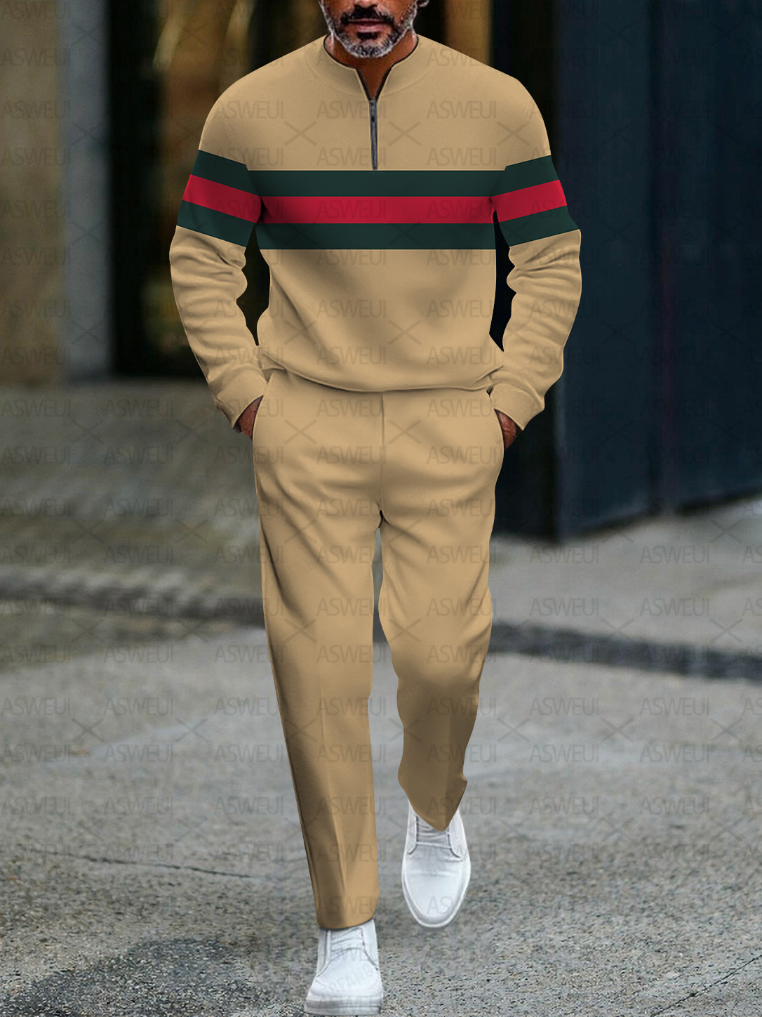 Men's fashionable casual business color-block round-neck zipper long-sleeve two-piece set