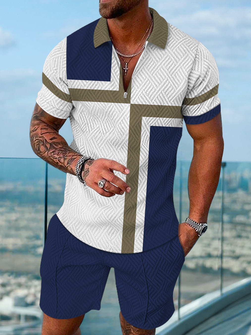 Men's fashion casual color matching printed polo two-piece set
