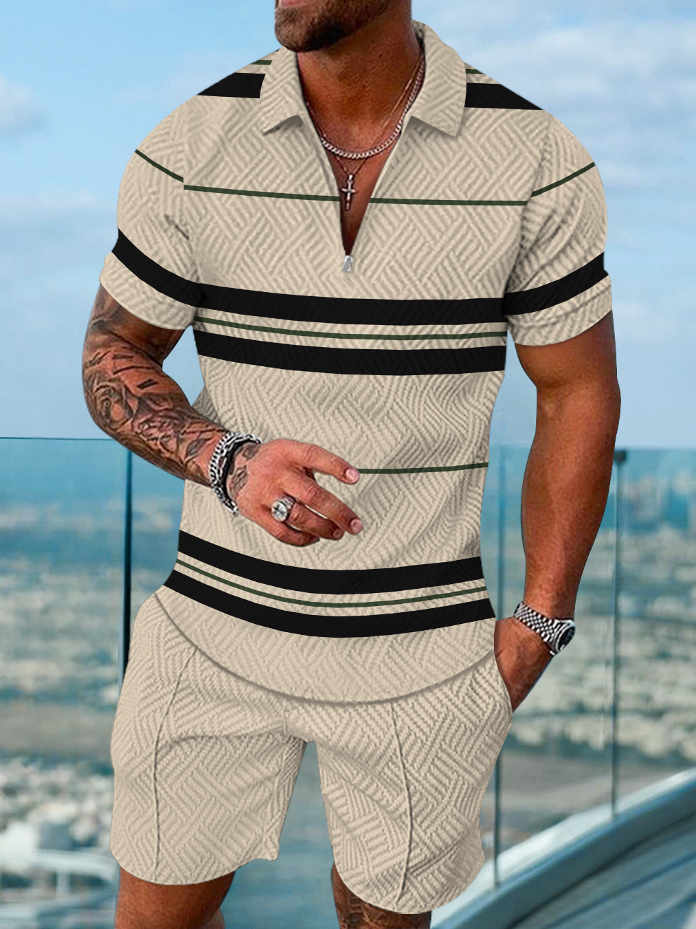 Men's fashion casual color matching printed polo two-piece set