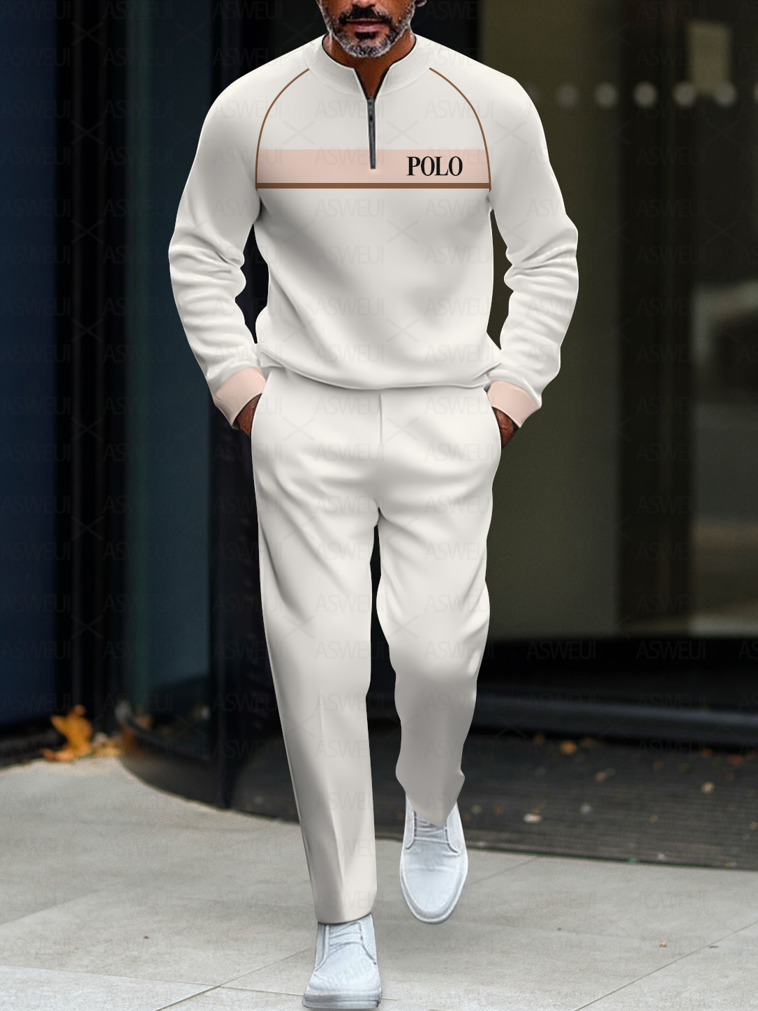 Men's fashion casual geometric print long sleeve zipper two-piece set