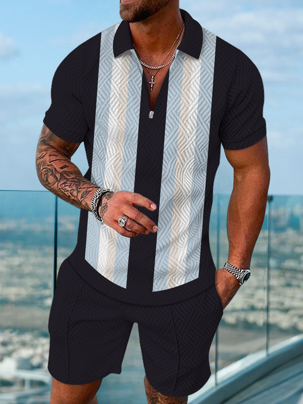 Men's fashion casual color matching printed polo two-piece set