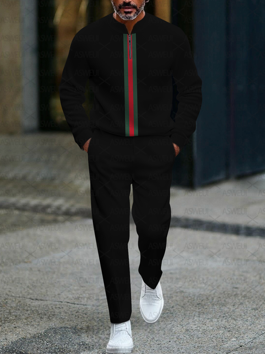 Men's fashionable casual business color-block round-neck zipper long-sleeve two-piece set