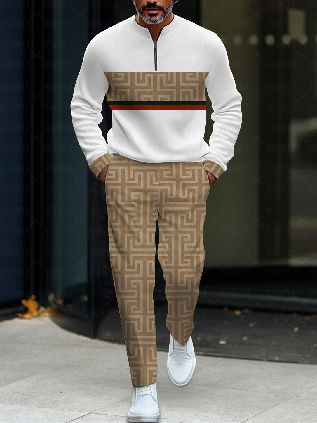 Men's fashion casual geometric print long sleeve zipper two-piece set