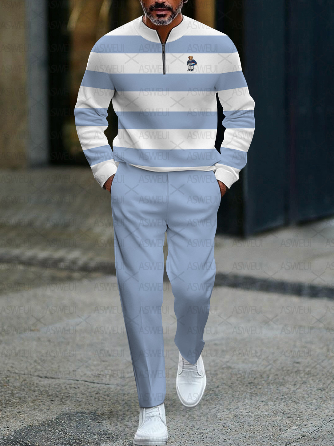 Men's fashionable casual business color-block round-neck zipper long-sleeve two-piece set