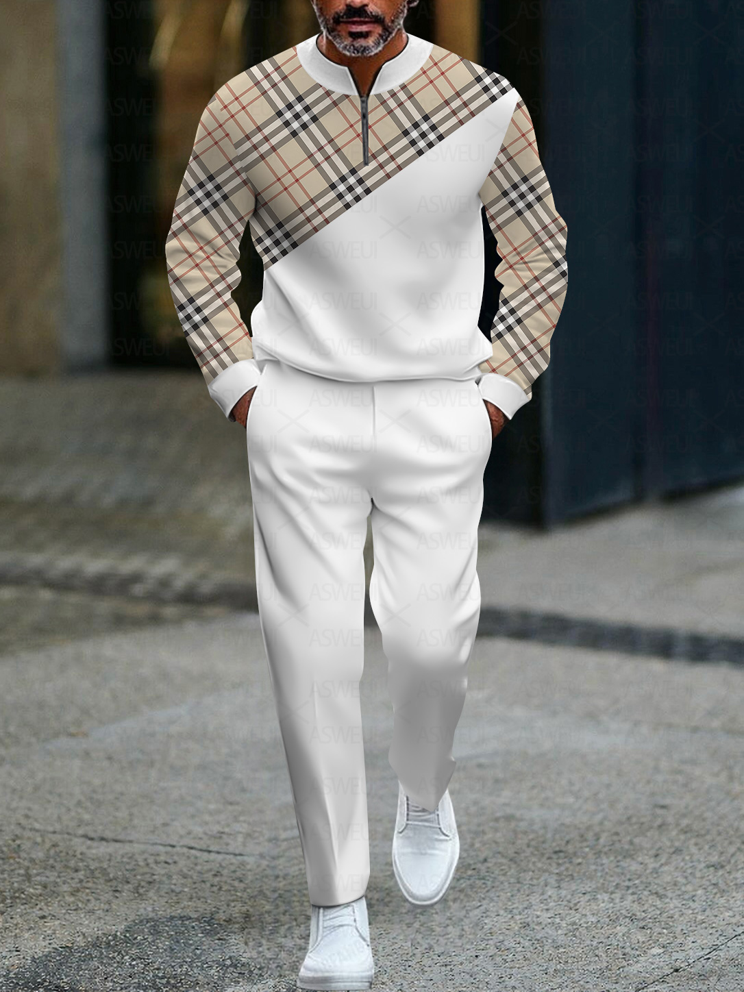 Men's fashionable casual business color-block round-neck zipper long-sleeve two-piece set