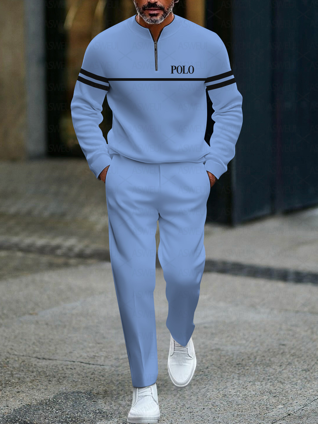 Men's fashionable casual business color-block round-neck zipper long-sleeve two-piece set