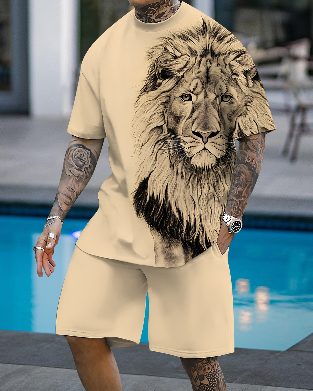 Men's fashion casual color matching printed short-sleeved two-piece se