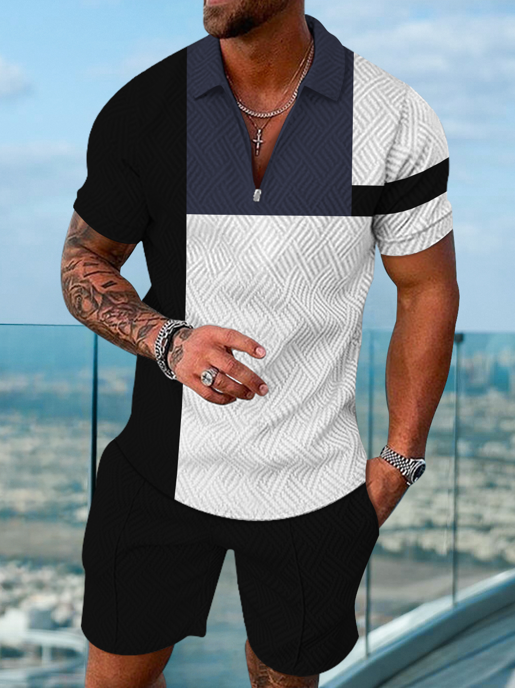 Men's fashion casual color matching printed polo two-piece set