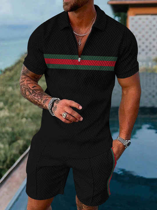 Men's fashion black geometric print short-sleeved polo suit