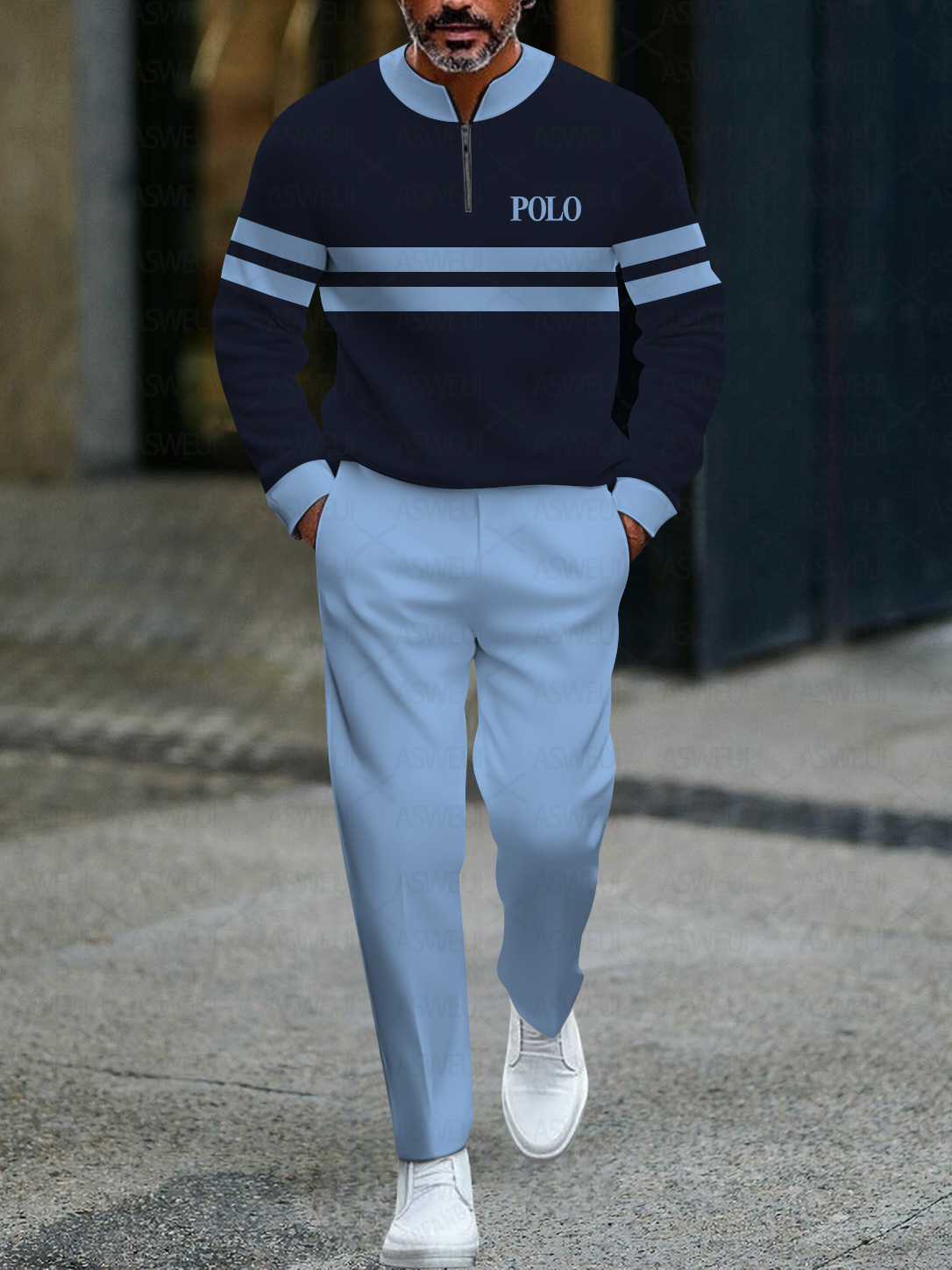 Men's fashionable casual business color-block round-neck zipper long-sleeve two-piece set