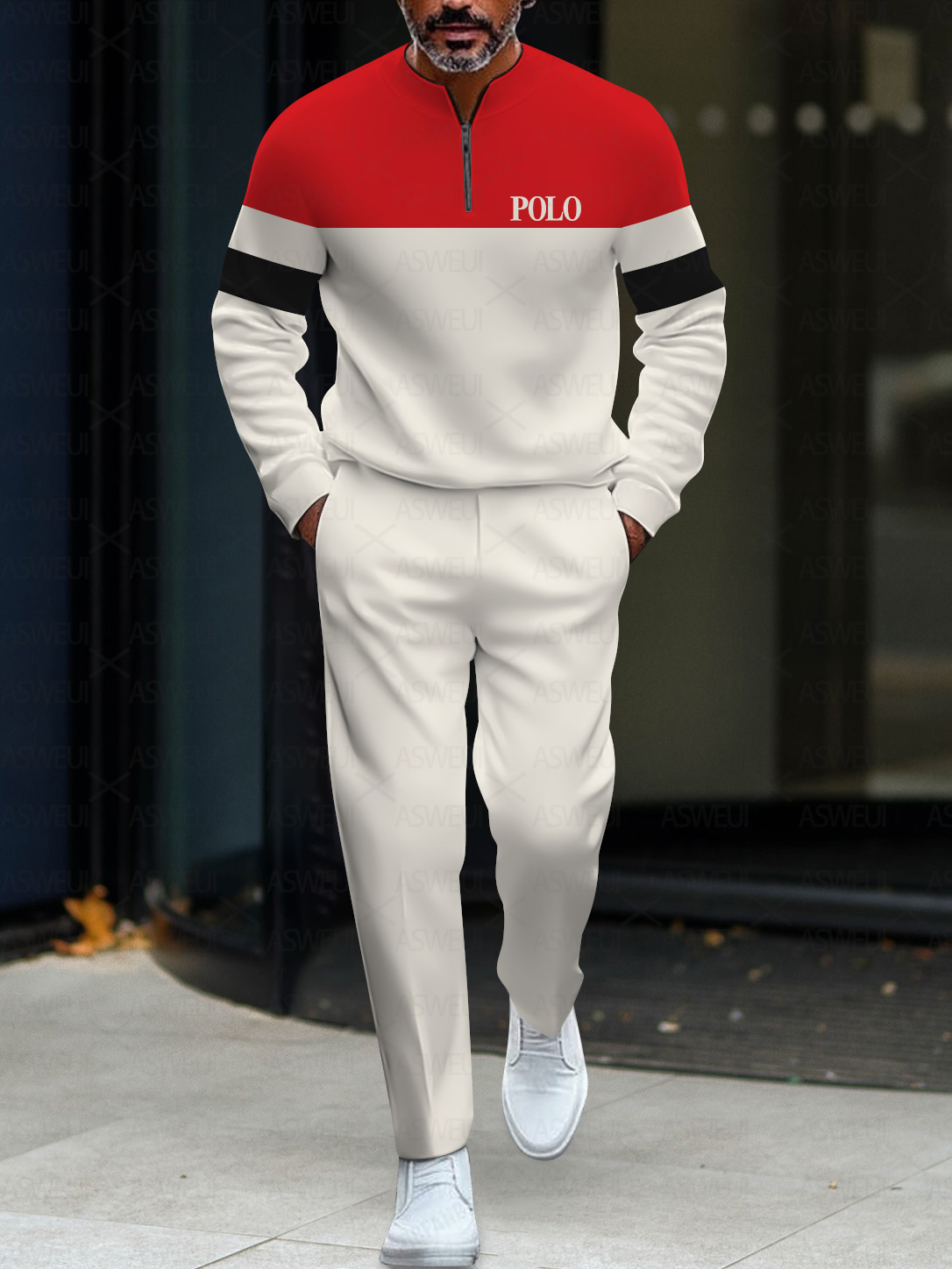 Men's fashion casual geometric print long sleeve zipper two-piece set