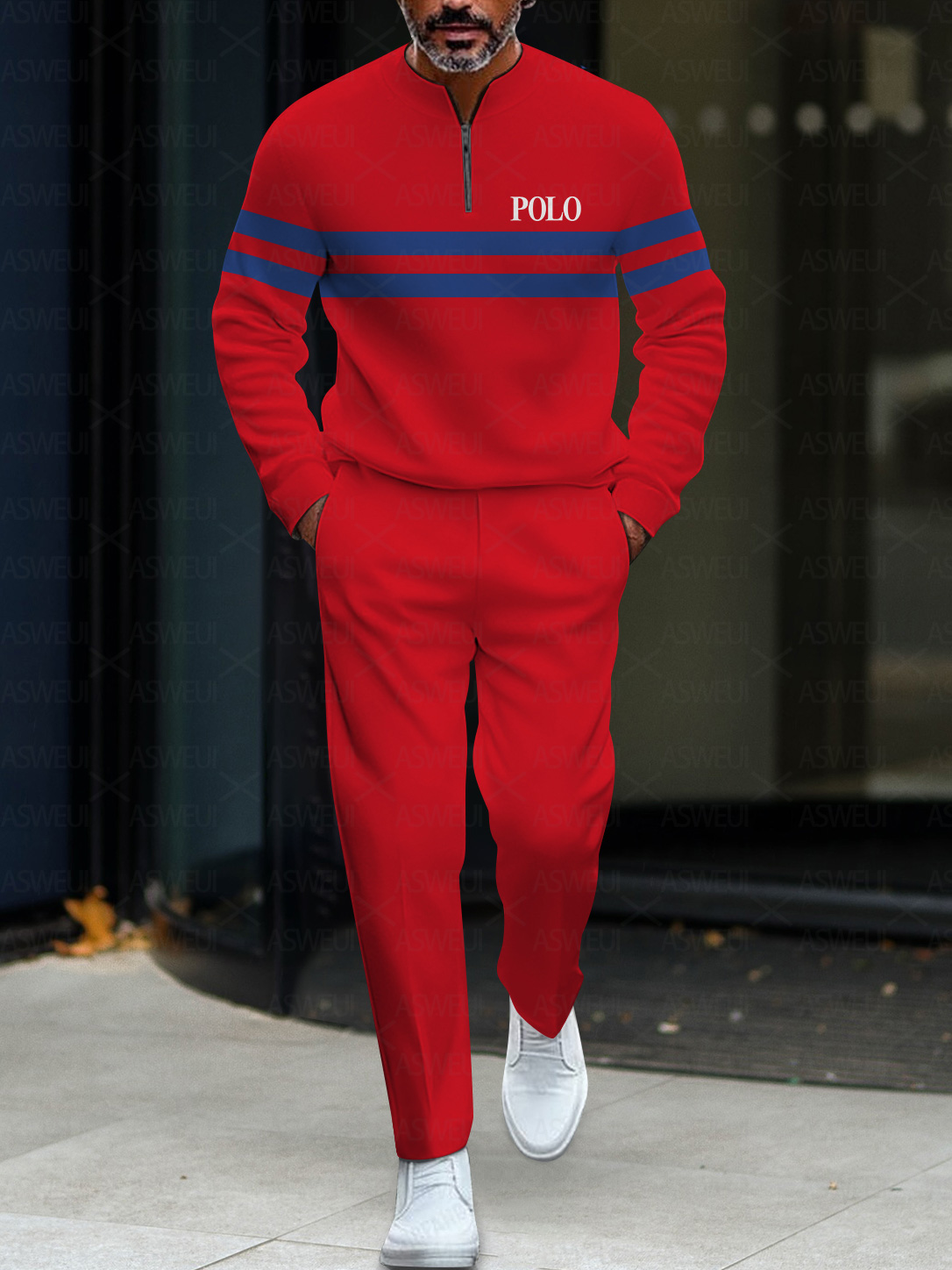 Men's fashion casual geometric print long sleeve zipper two-piece set