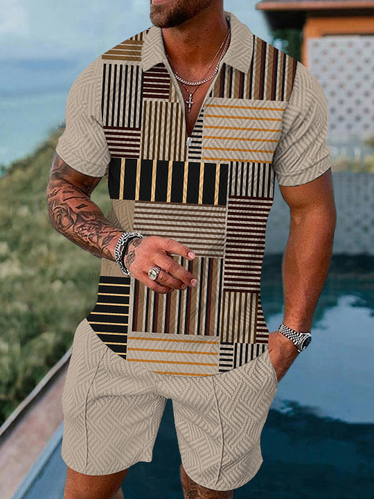 Men's fashion casual geometric print short sleeve polo two-piece set