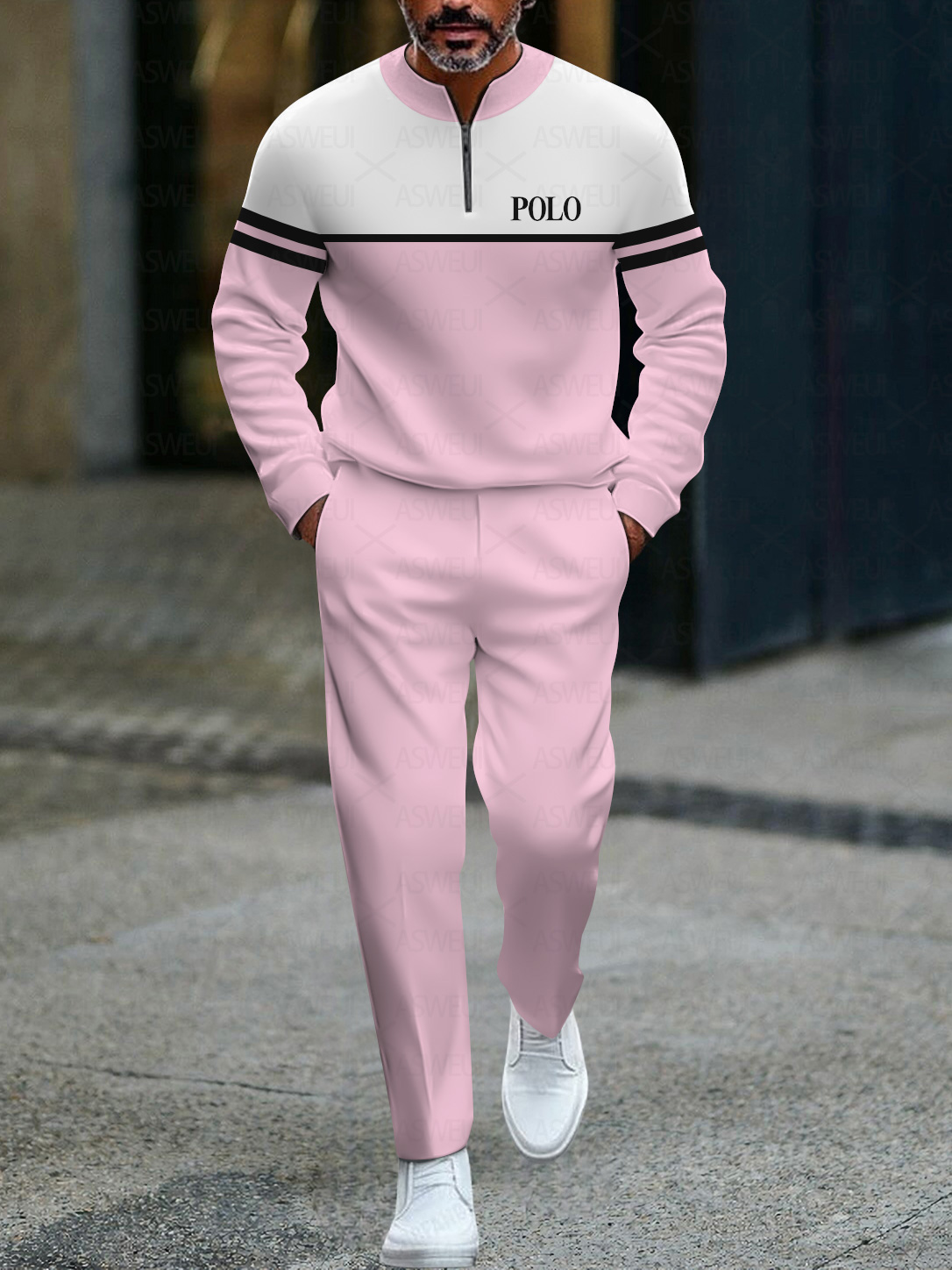 Men's fashionable casual business color-block round-neck zipper long-sleeve two-piece set