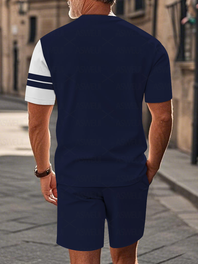 Men's fashion casual round-neck zipper geometric printed short-sleeved two-piece set