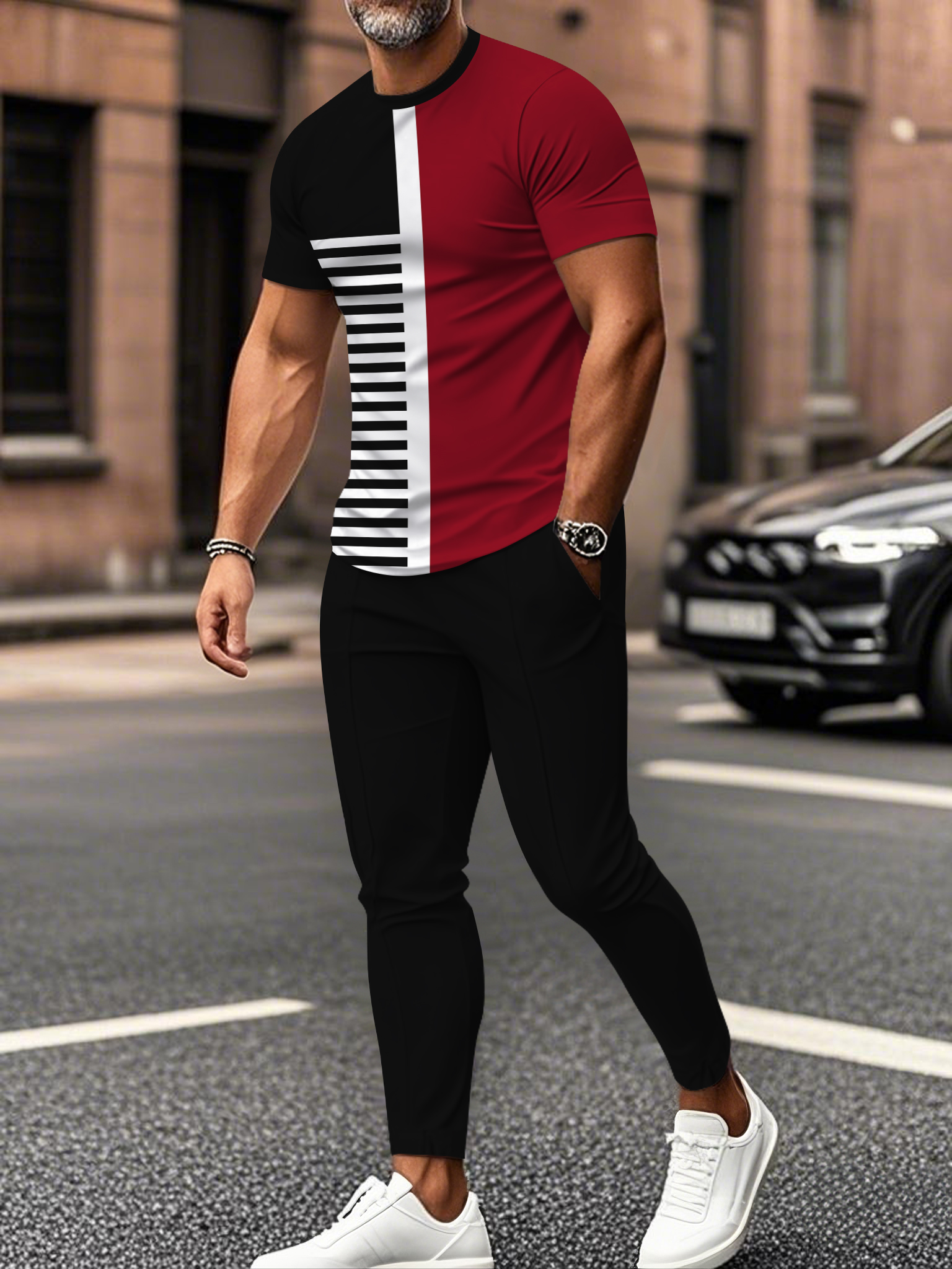 Men's fashion casual color matching striped printed short sleeved trousers two-piece set