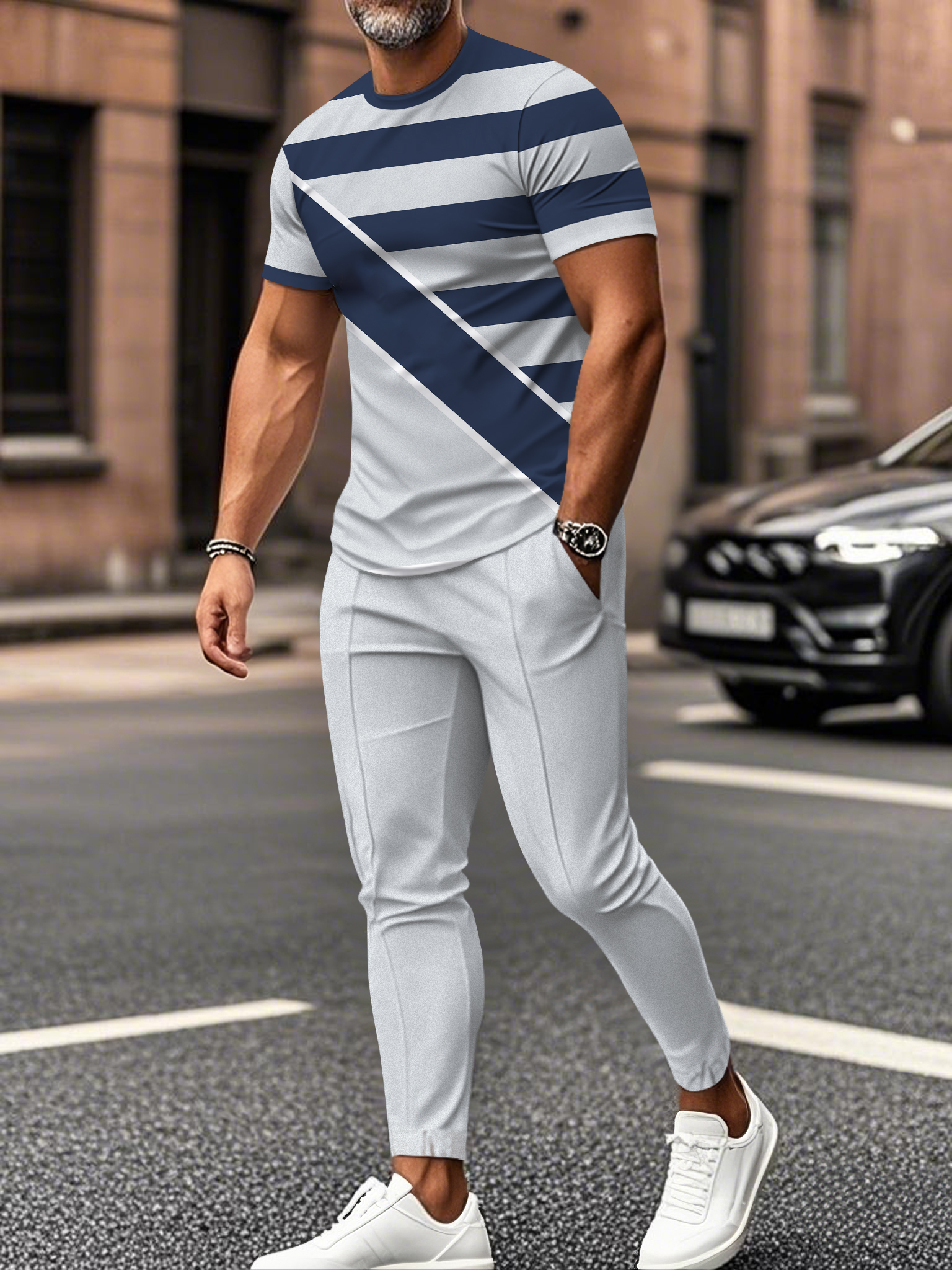 Men's fashion casual color matching striped printed short sleeved trousers two-piece set
