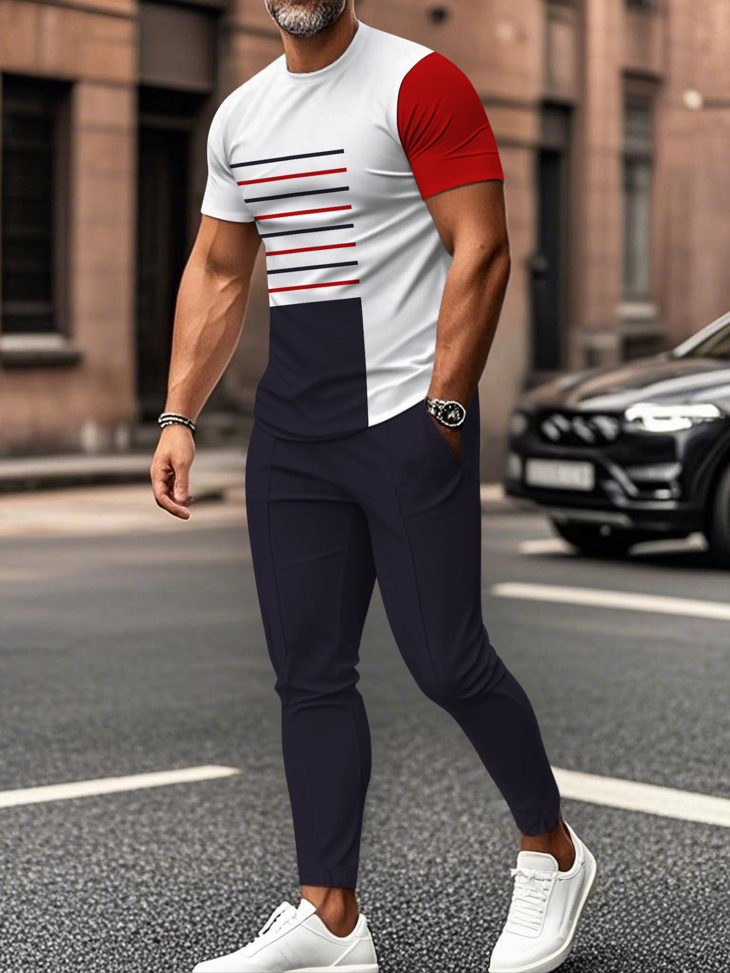 Men's fashion casual color matching striped printed short sleeved trousers two-piece set